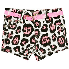 Load image into Gallery viewer, Girls Minx Neon Pink Multi Animal Print Hot Pant Shorts Plus Belt.
