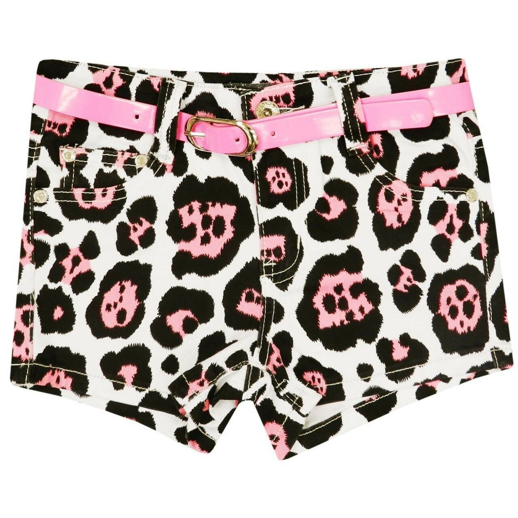 Girls Minx Neon Pink Multi Animal Print Hot Pant Shorts Plus Belt.