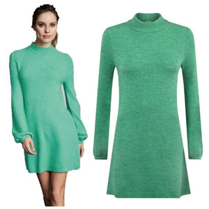 Green High Neck Soft Knitted Jumper Dress