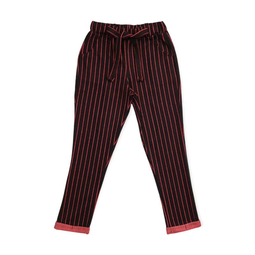 Girls Black Stripes Elasticated Waist Cotton Roll Up Hem Trouser