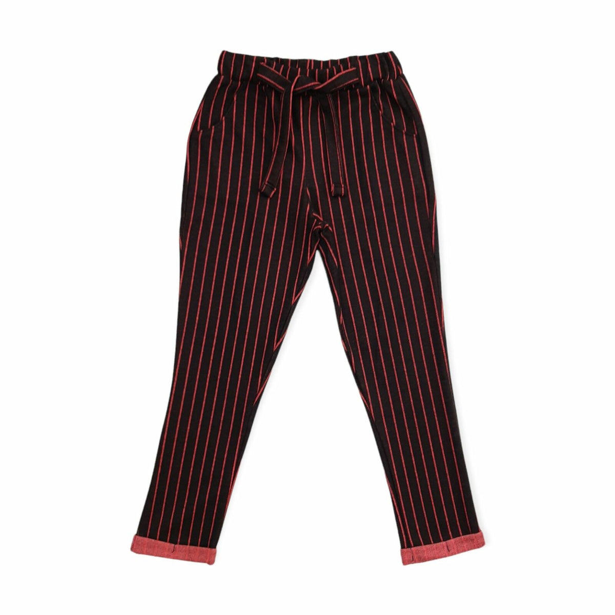 Girls Black Stripes Elasticated Waist Cotton Roll Up Hem Trouser