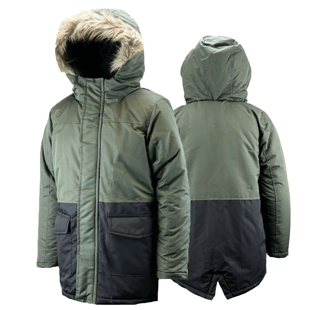 Boys Olive & Black Padded Fleece Lined Parka Hooded Coat