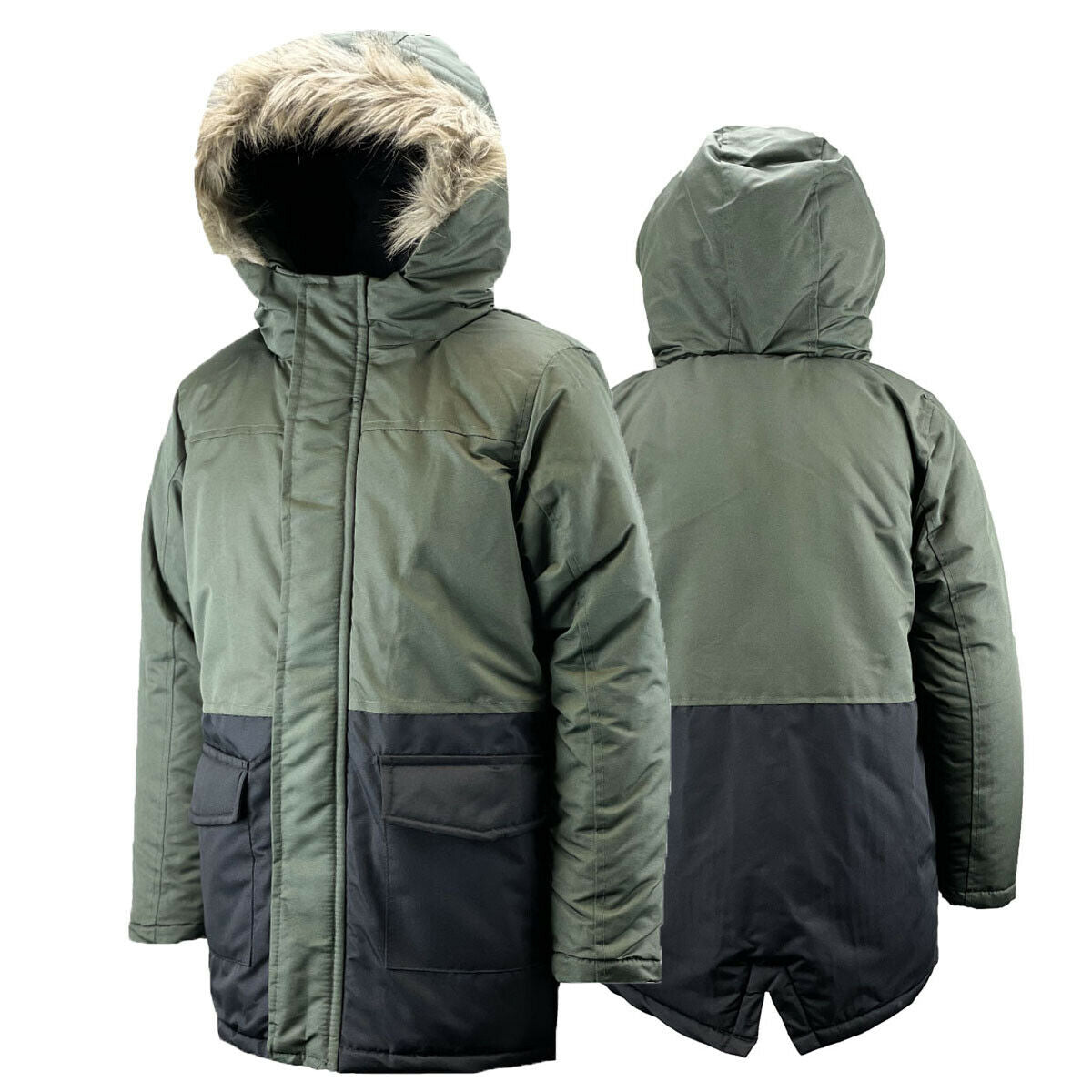 Boys Olive & Black Padded Fleece Lined Parka Hooded Coat