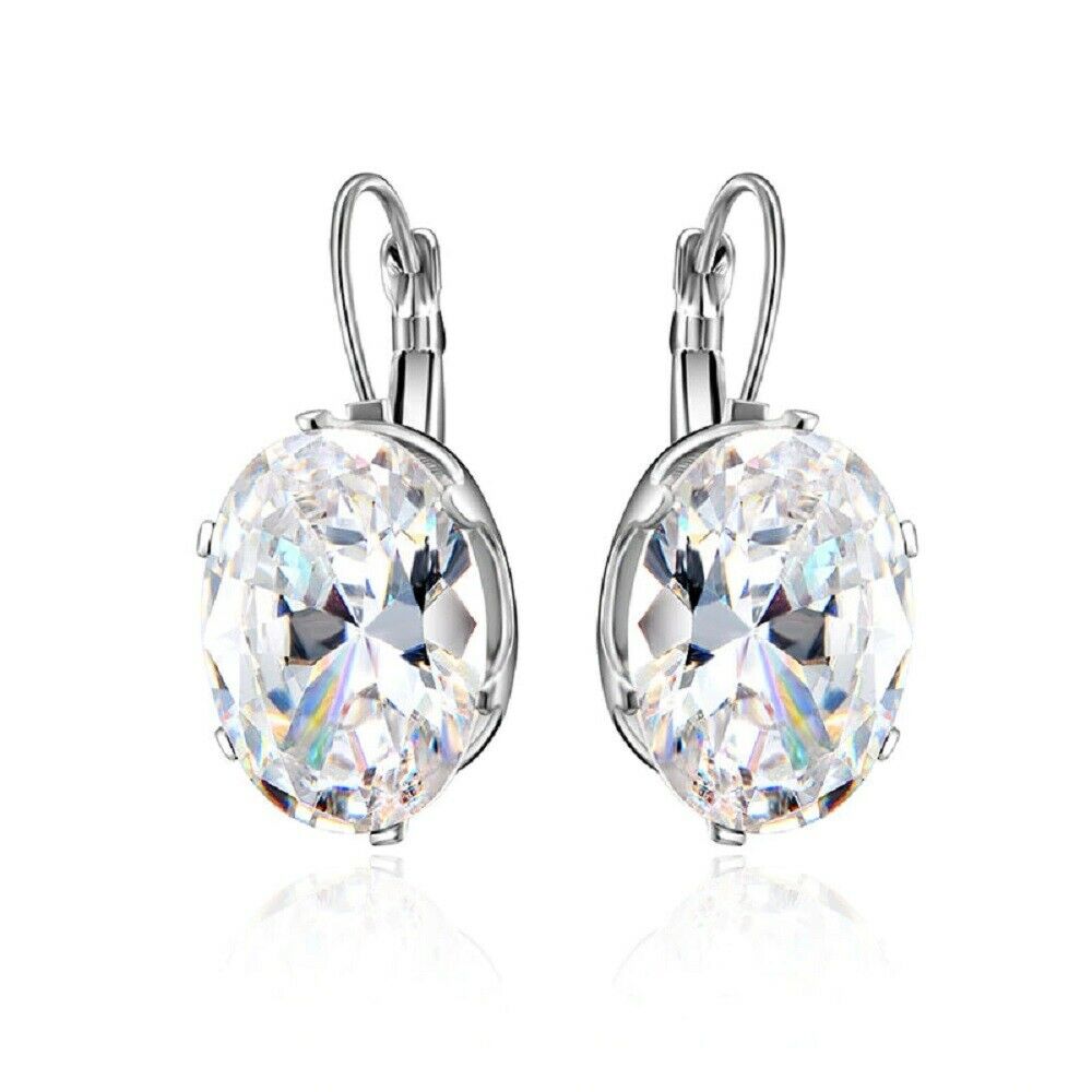 Ladies Silver Clear Crystal Big Oval Zircon Hoop Earrings