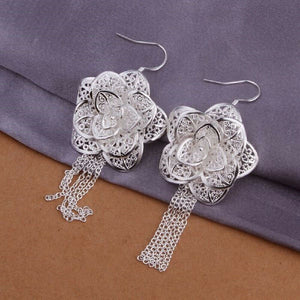 Silver Plated Fashion Chain Flower Tassel Hook Earrings