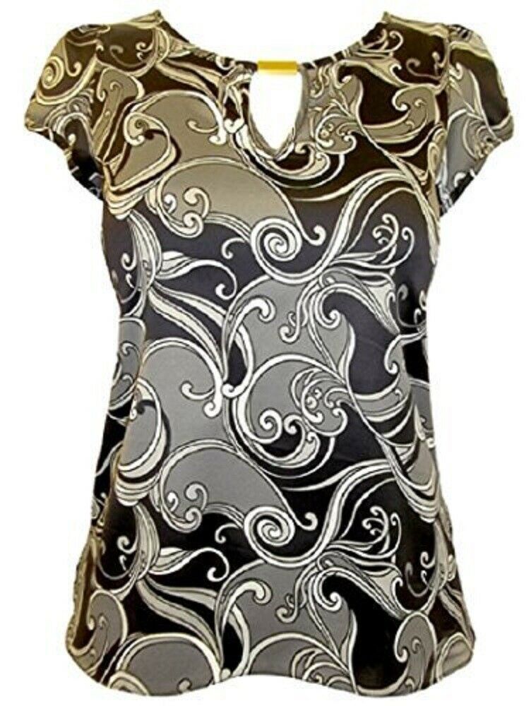 BlackGrey Swirl Print Satin Keyhole Cap Sleeve Top