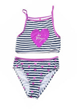 Load image into Gallery viewer, Girls Navy &amp; White Stripe Love Heart Tankini Top &amp; Bottom Swimsuit Set
