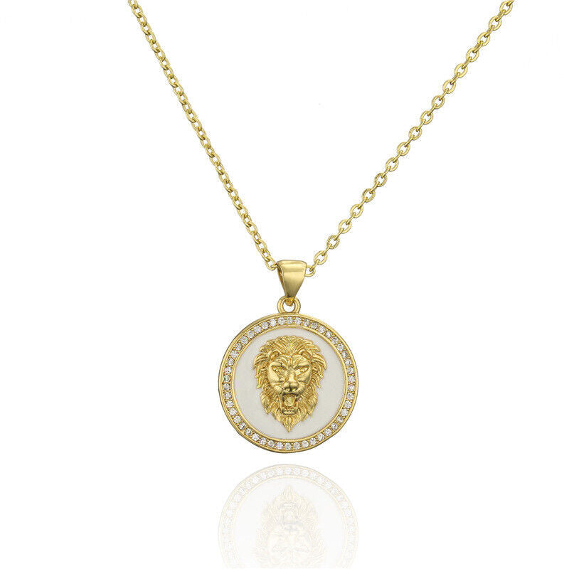 Unisex Gold Round Hairy Head Fashion Medallion White Enamel Pendant Necklace