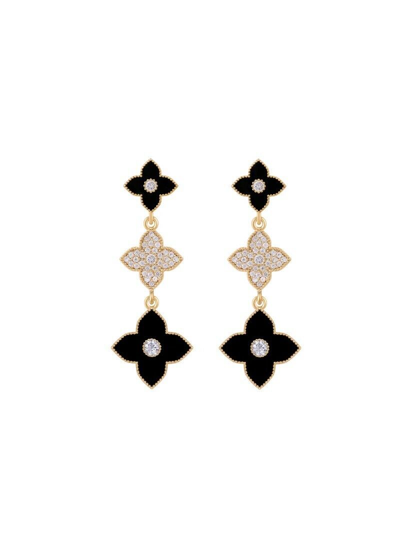 Ladies Black Four-Leaf Clover Zircon Crystal Dangling Stud Earrings