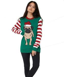 Unisex Green & Red Multi Bulldog Print Xmas Jumper