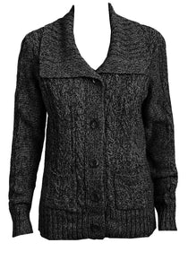 Black Cable Knit Button Down Flap Collar Cardigan