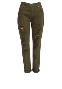 Khaki Ripped Design Cotton Rich Skinny Fit Jeans