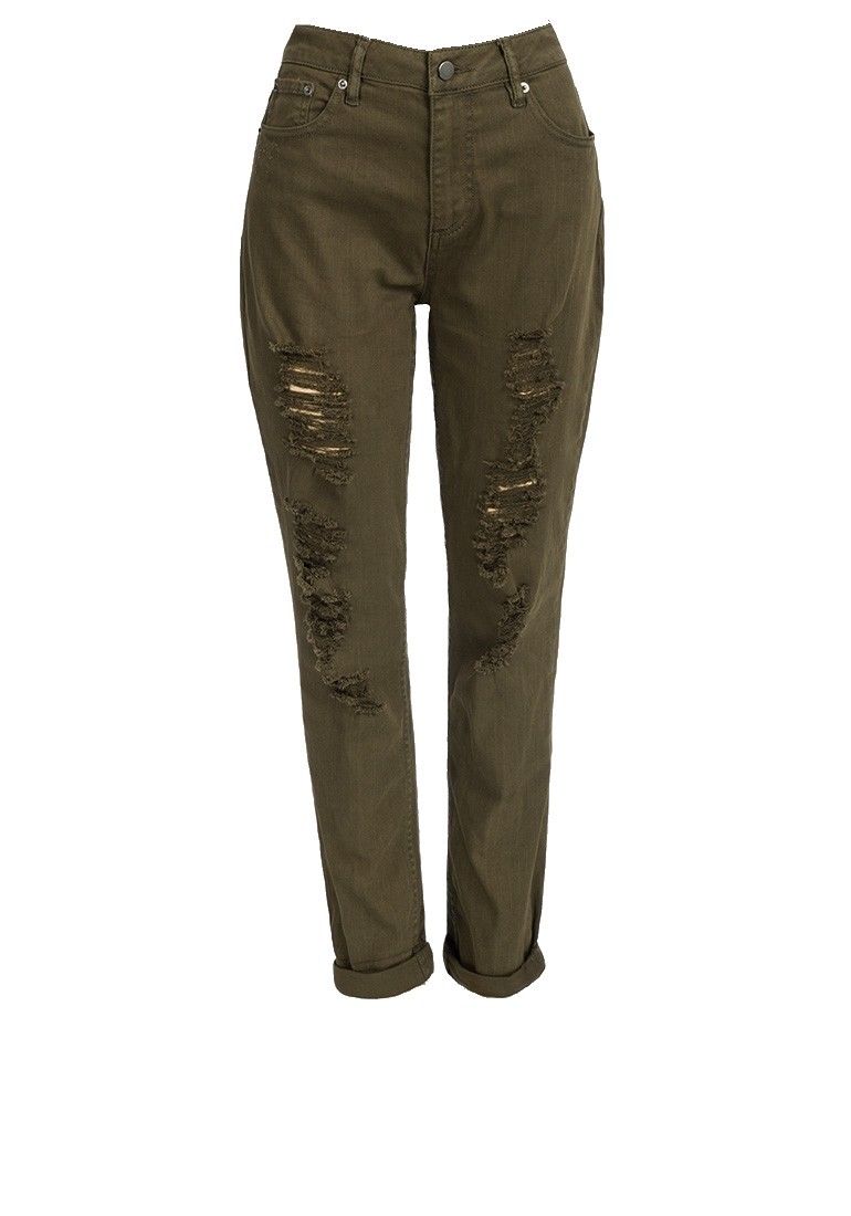Khaki Ripped Design Cotton Rich Skinny Fit Jeans