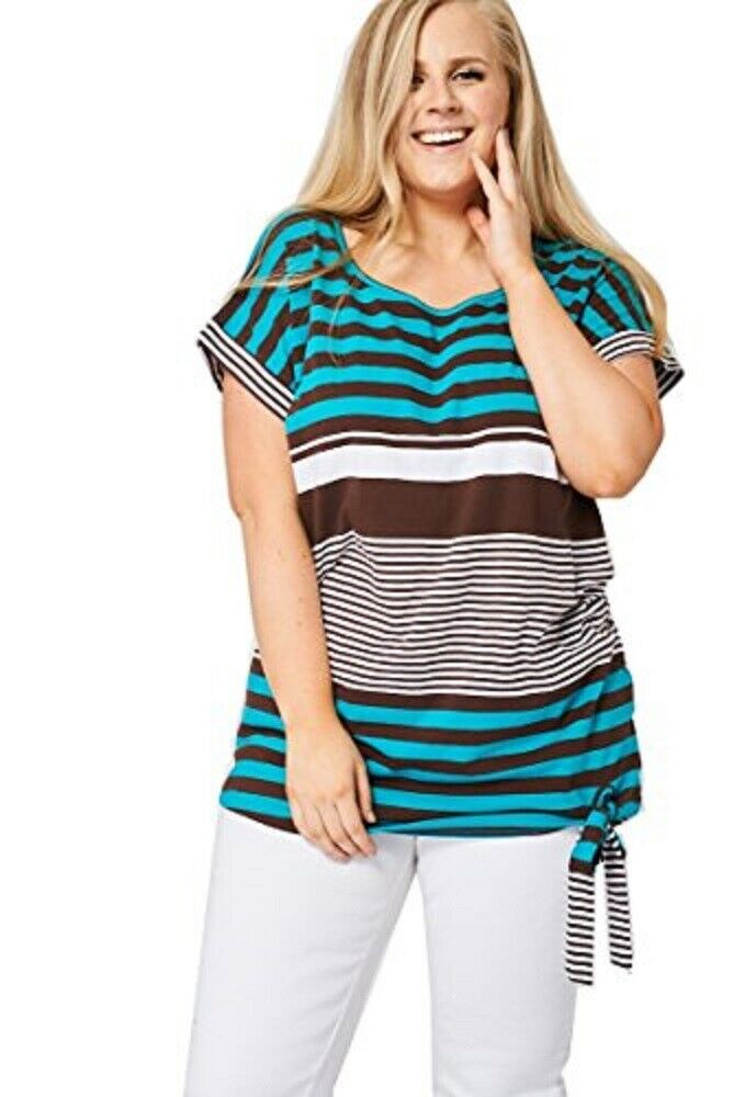 Teal & Brown Large Stripe Print Tie Front Top