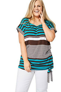 Teal & Brown Large Stripe Print Tie Front Top