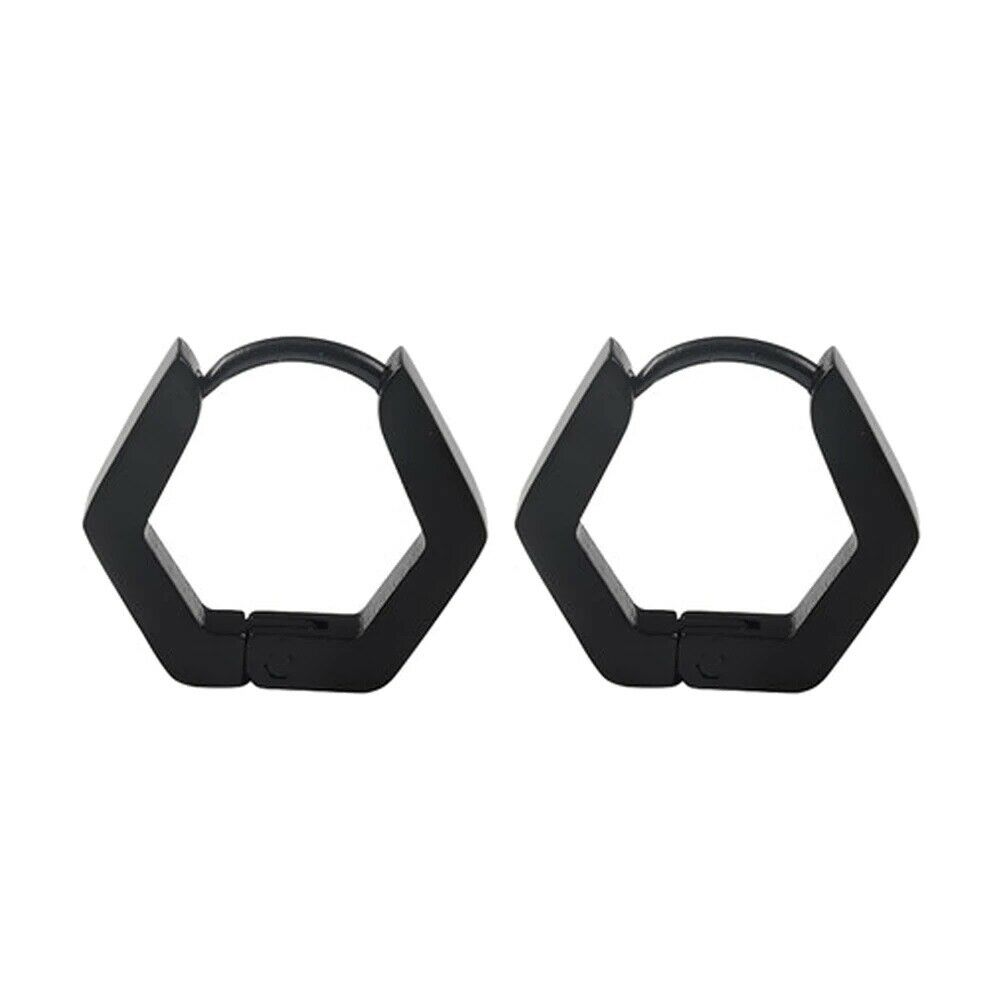Unisex Black Smooth Hexagon Titanium Steel Hoop Earring