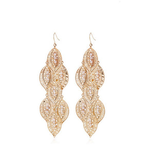 Gold Plated Long Leaf Cut Out Dangling Hook Earrings