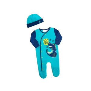 Baby Boys Sleepsuit Blue T-Rex Motif Plus Beanie Hat Romper Baby Grow