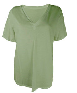 Khaki Green Cotton V Neck Short Sleeve Tee Shirt