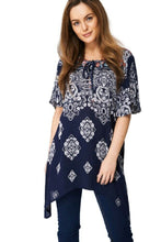 Load image into Gallery viewer, Navy Paisley with Moon Hemline Tie Front Tops
