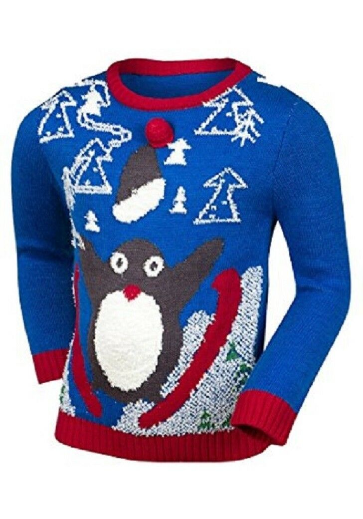 Blue Christmas Squeaky Novelty Penguin Soft Knit Longsleeve Jumper.