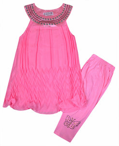 Girls Neon Pink Chiffon Tunic Top & Leggings Set