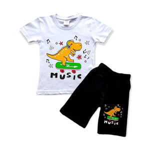 Boys Dino Skating Music Print T-shirt & Short Set