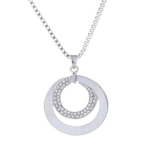 Ladies Silver Crystal Rhinestone Long Chain & Double Circle Pendant