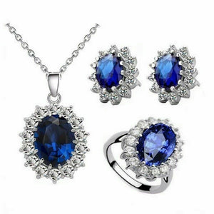 Blue Sapphire & White Crystal Stone Sterling Silver Necklace Set