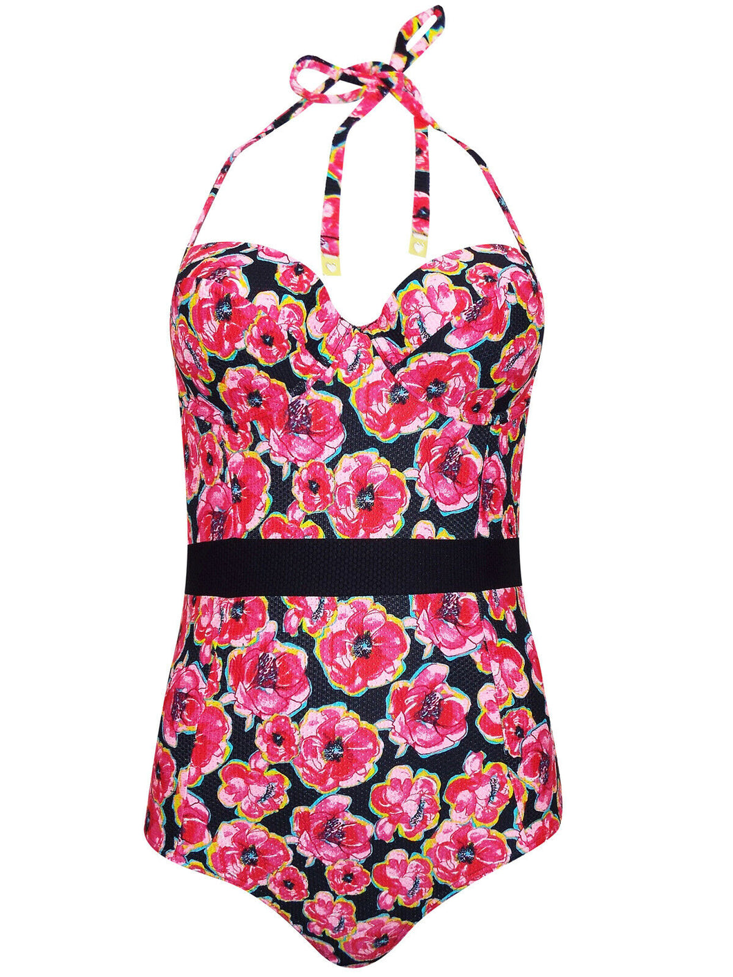Ladies Pink Poppy Print Detachable Strap Wired Cups Panel Waist Bandeau Swimsuit