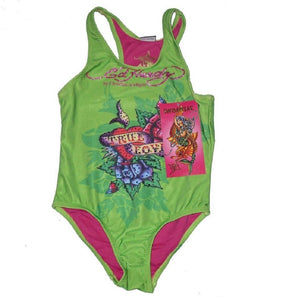 Girls Ed Hardy Lime Green Signature Glitter Designer Swimming Costume