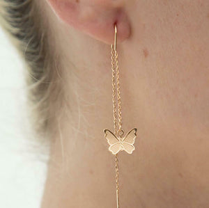 Ladies Gold Plated Butterfly Long Tassel Drop Dangle Threader Stud Earrings