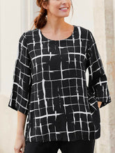Load image into Gallery viewer, Black Grid 3/4 Sleeve Woven Blouse Scoop Neck
