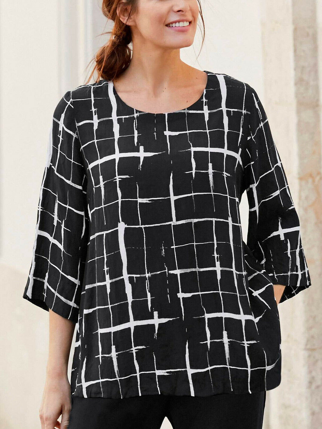 Black Grid 3/4 Sleeve Woven Blouse Scoop Neck