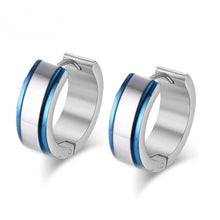 Load image into Gallery viewer, Unisex Adult Silver &amp; Blue Trim Titanium Steel Anti-Allergic Small Hoop Earrings
