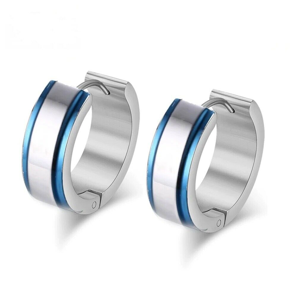 Unisex Adult Silver & Blue Trim Titanium Steel Anti-Allergic Small Hoop Earrings