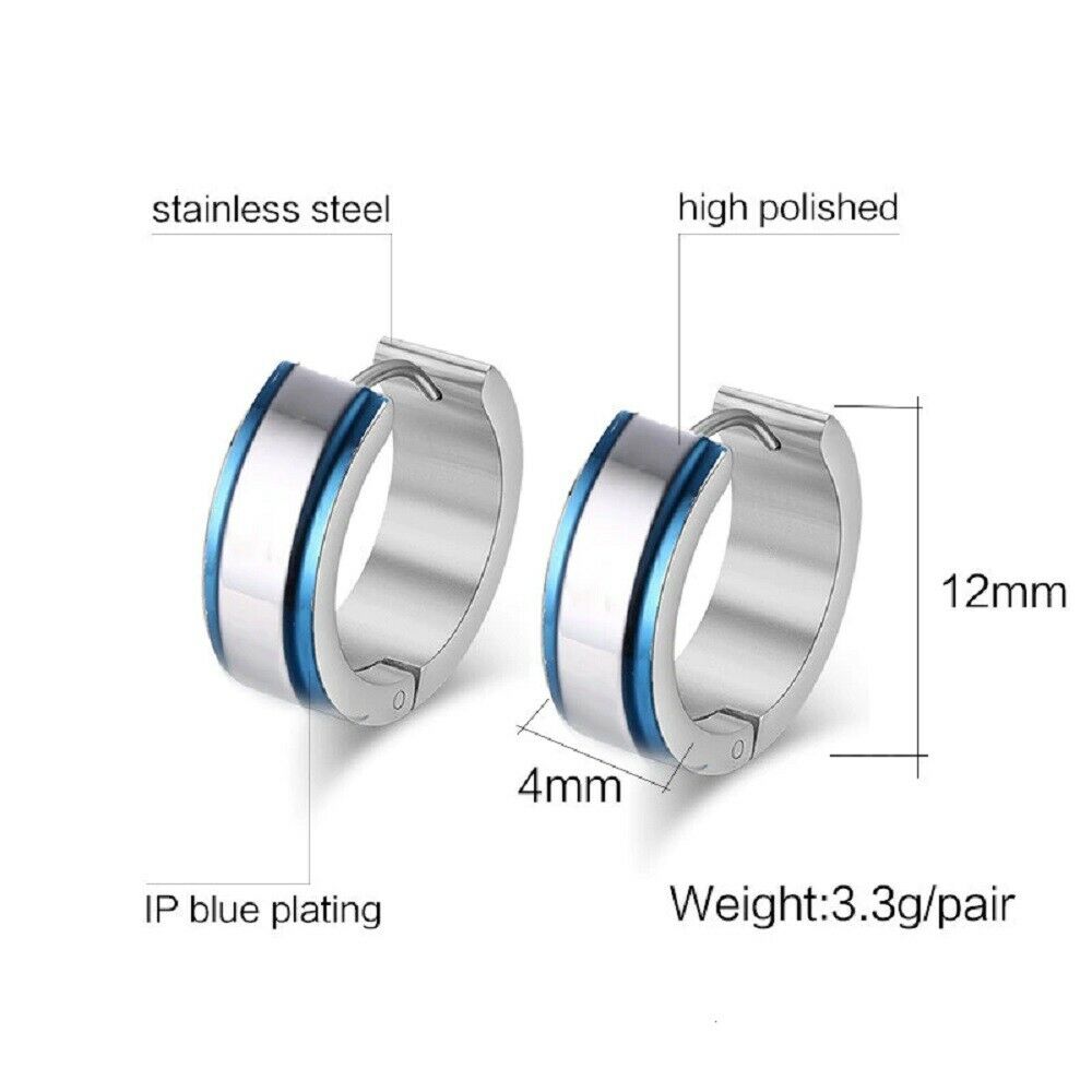 Unisex Adult Silver & Blue Trim Titanium Steel Anti-Allergic Small Hoop Earrings
