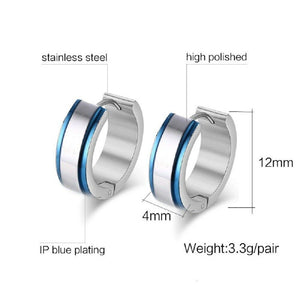 Unisex Adult Silver & Blue Trim Titanium Steel Anti-Allergic Small Hoop Earrings