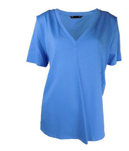 Blue Cotton V Neck Short Sleeve Tee Shirt Top