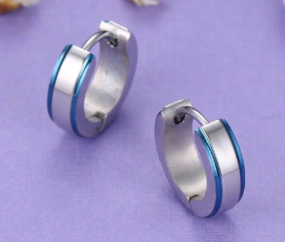 Unisex Adult Silver & Blue Trim Titanium Steel Anti-Allergic Small Hoop Earrings