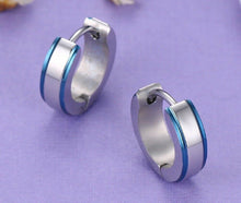 Load image into Gallery viewer, Unisex Adult Silver &amp; Blue Trim Titanium Steel Anti-Allergic Small Hoop Earrings
