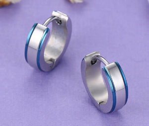 Unisex Adult Silver & Blue Trim Titanium Steel Anti-Allergic Small Hoop Earrings