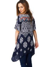 Load image into Gallery viewer, Navy Paisley with Moon Hemline Tie Front Tops
