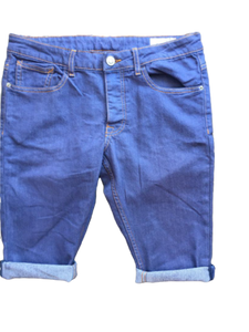Mens Blue Denim Stretch Cotton Stitching Detail Roll Hem Summer Shorts