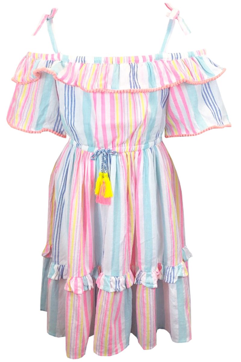 Girls Multi Stripe Rich Cotton Strappy Off Shoulder Short Sleeve Lined Dress