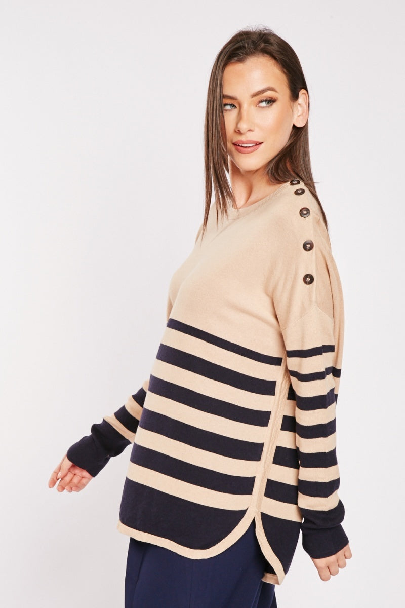 Beige Navy Striped Panel Round Neck Buttoned Shoulder Soft Knit Jumpers