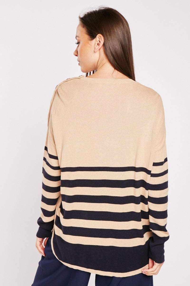 Beige Navy Striped Panel Round Neck Buttoned Shoulder Soft Knit Jumpers