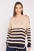 Beige Navy Striped Panel Round Neck Buttoned Shoulder Soft Knit Jumpers