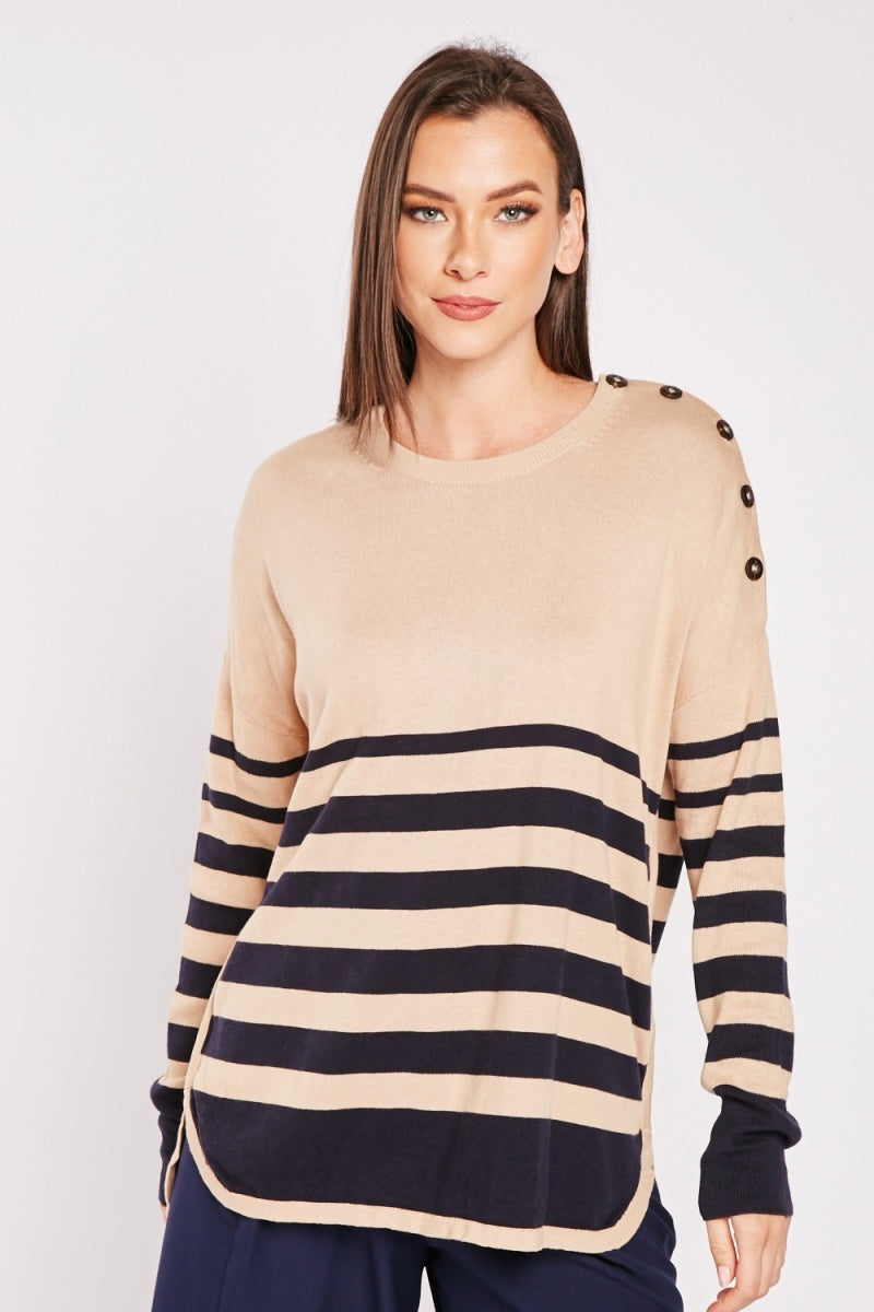 Beige Navy Striped Panel Round Neck Buttoned Shoulder Soft Knit Jumpers