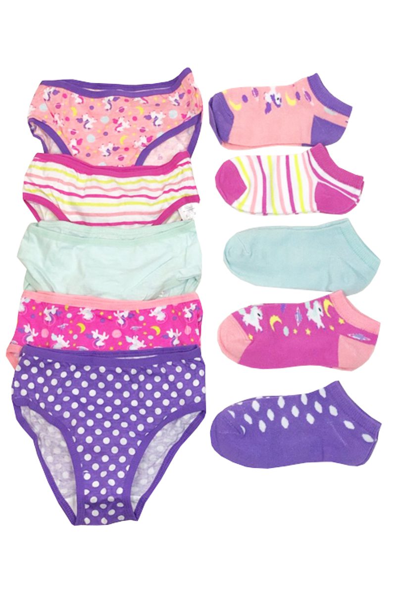Girls Novelty 5 Pack Cotton Briefs & 5 Pack Matching Ankle Socks Underwear Sets